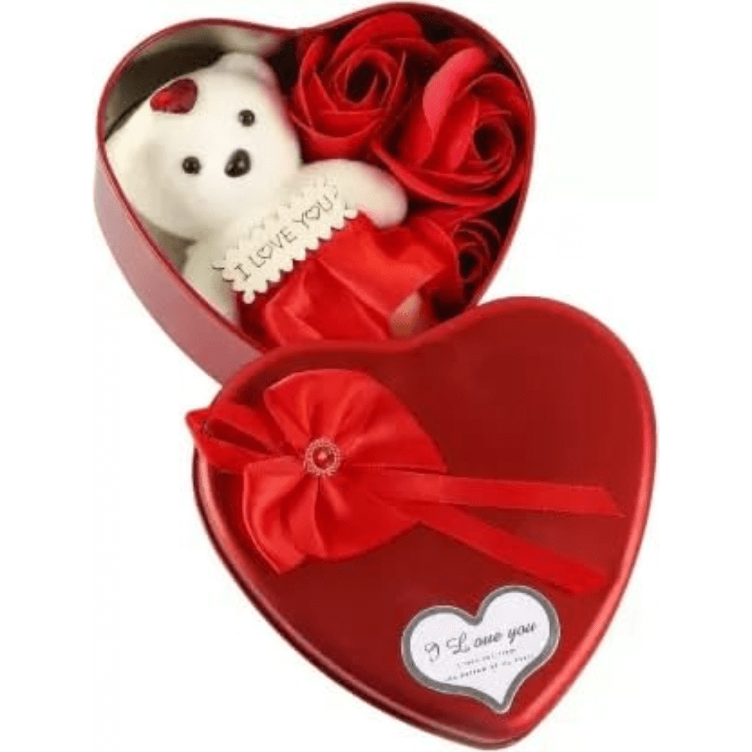 Romantična poklon kutija u obliku srca s plišanim medvjedićem i ružama - Predobro.hr